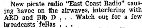 East Coast Radio appeared in the Crumlin area of Dublin on 262m late in 1978. A 1979 move to Walkinstown led to the station's closure. The personnel behind the station went on to launch Downtown Radio from Capel Street in Dublin city. This eventually became Radio City.