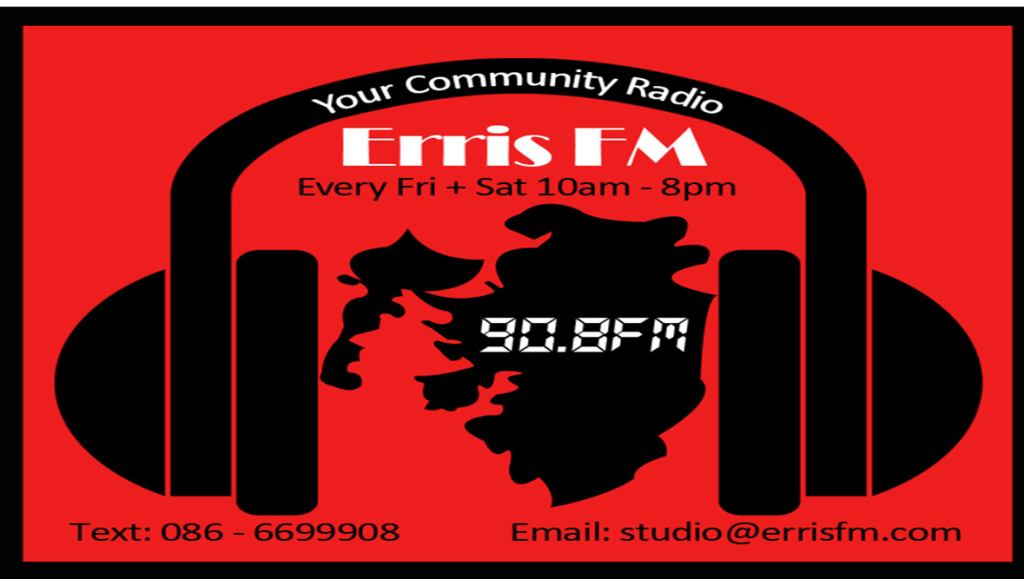 Bilingual community radio station Erris FM, also known as Iorras FM, broadcasts to the Erris region of north-west Mayo every Friday and Saturday throughout the year. It began in 1995 as a special events station and broadcast every summer for eight years until 2002, when problems with suitable premises became insurmountable. Widespread community support helped the station return to air and they eventually opened their new studios in the Áras Inis Gluaire arts centre in Belmullet.